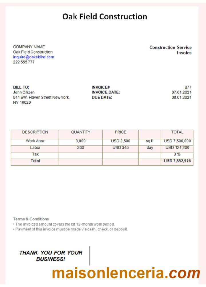 USA Oak Field Construction tekst faktury i szablon PDF
